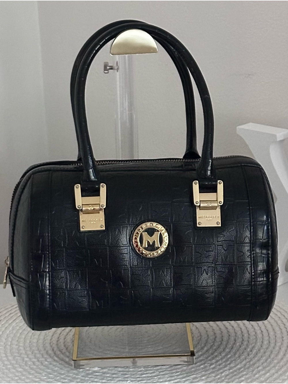 METROCITY Black Embossed Calf Leather Boston Satchel Luxury Bag Gold Hardware